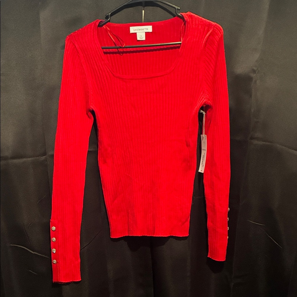 Liz Claiborne Red Ribbed Long Sleeve Top